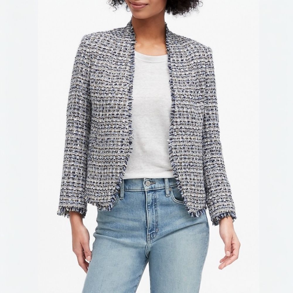 Banana Republic Collarless Metallic Tweed Blazer in Coastal Blue Women's Size 10